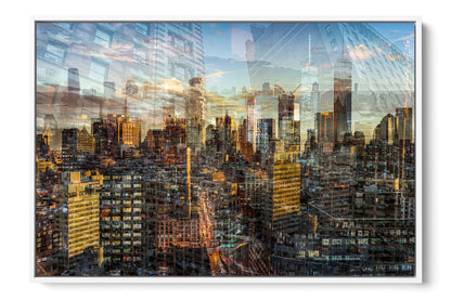 Manhattan View skyline photograph under acrylic glass with white floater frame, 24 by 36 inch artwork