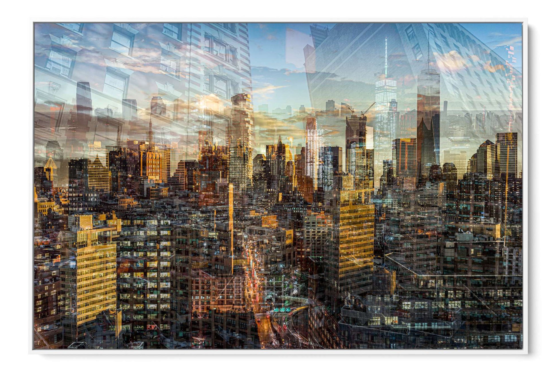 Manhattan View layered photograph under acrylic glass with white floater frame, 40 by 60 inch artwork