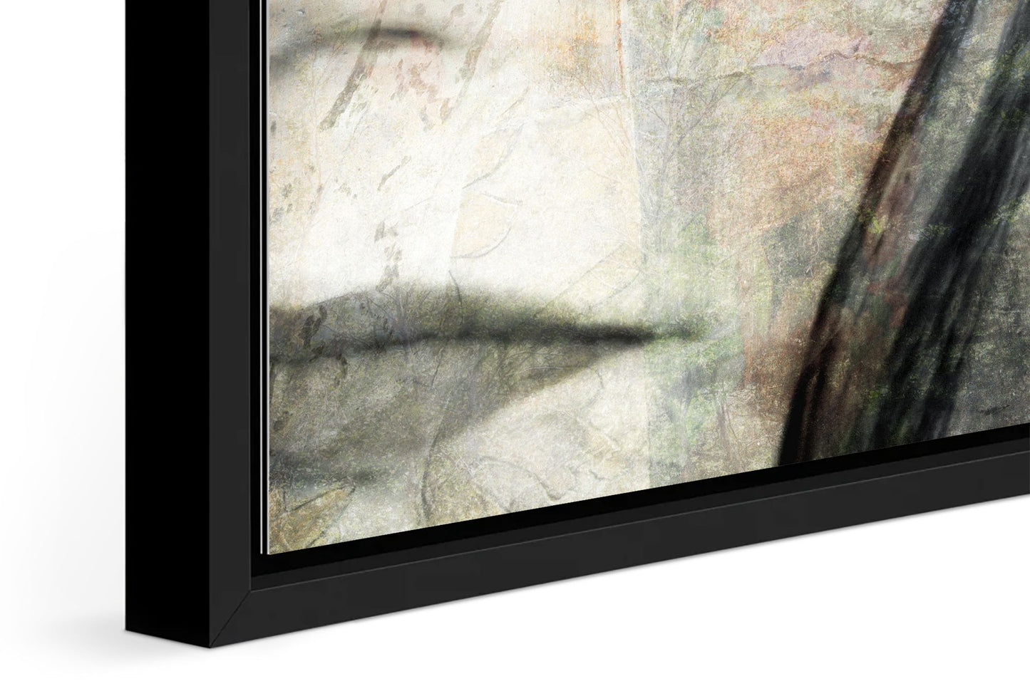 Mirror photograph under acrylic glass with black floater frame, close up detail