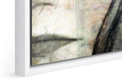 Mirror photograph under acrylic glass with white floater frame, close up detail