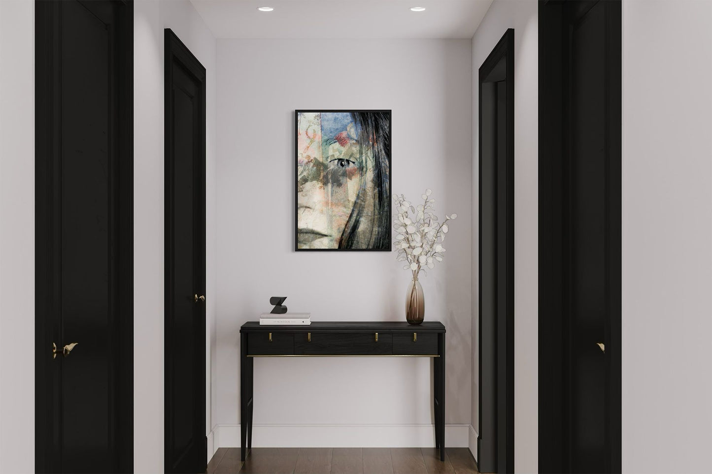 Mirror layered portrait photography print in a black floater frame, displayed above a console table in a modern hallway