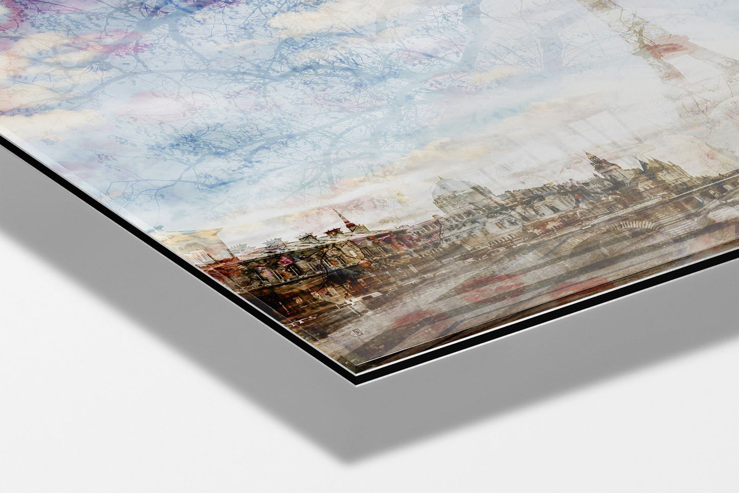 My Paris photograph mounted on Aluminum Dibond under acrylic glass, close detail of the Conciergerie and the bridge with the layered sky above