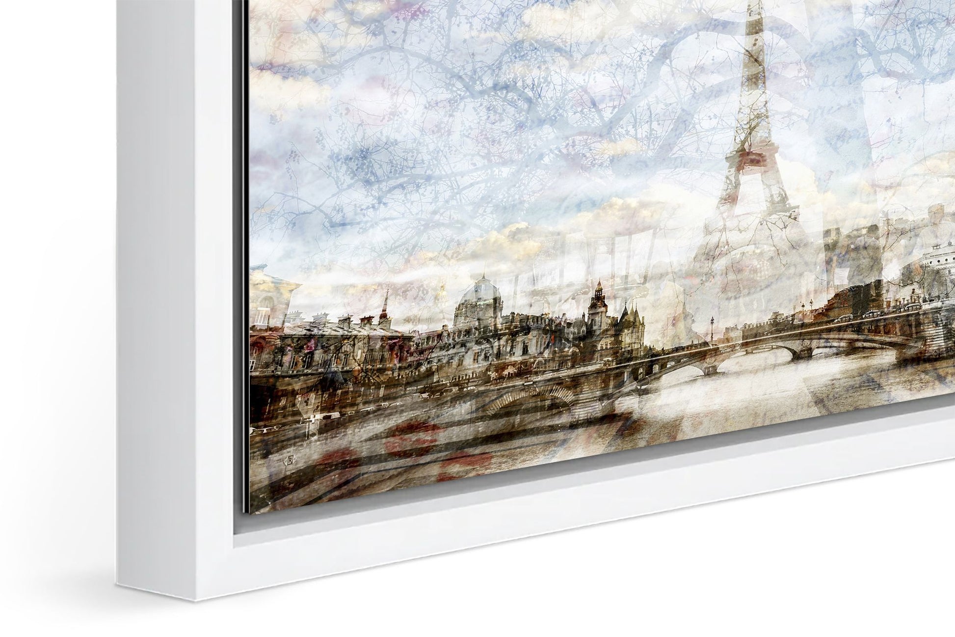 My Paris photograph under acrylic glass with white floater frame, close up detail