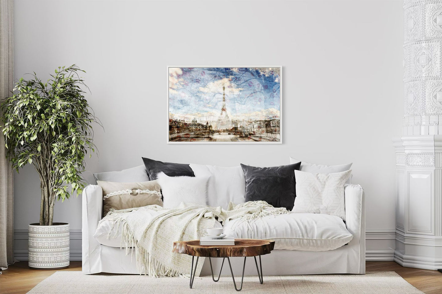 My Paris layered photography print in a white floater frame, displayed above a white sofa in a classic Parisian style living room