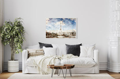 My Paris layered photography print in a white floater frame, displayed above a white sofa in a classic Parisian style living room