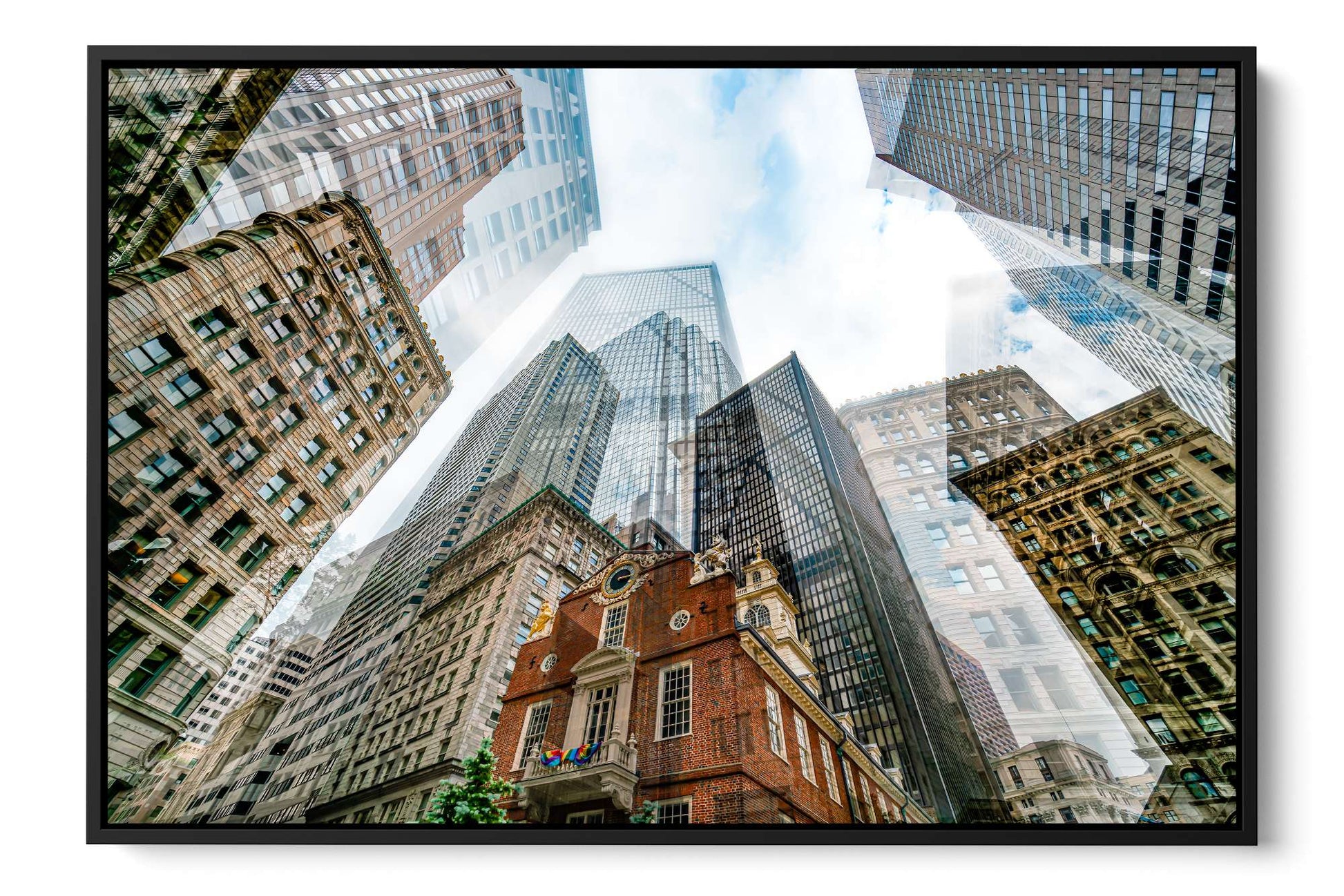 Old State House Boston photograph under acrylic glass with black floater frame, 24 by 36 inch artwork
