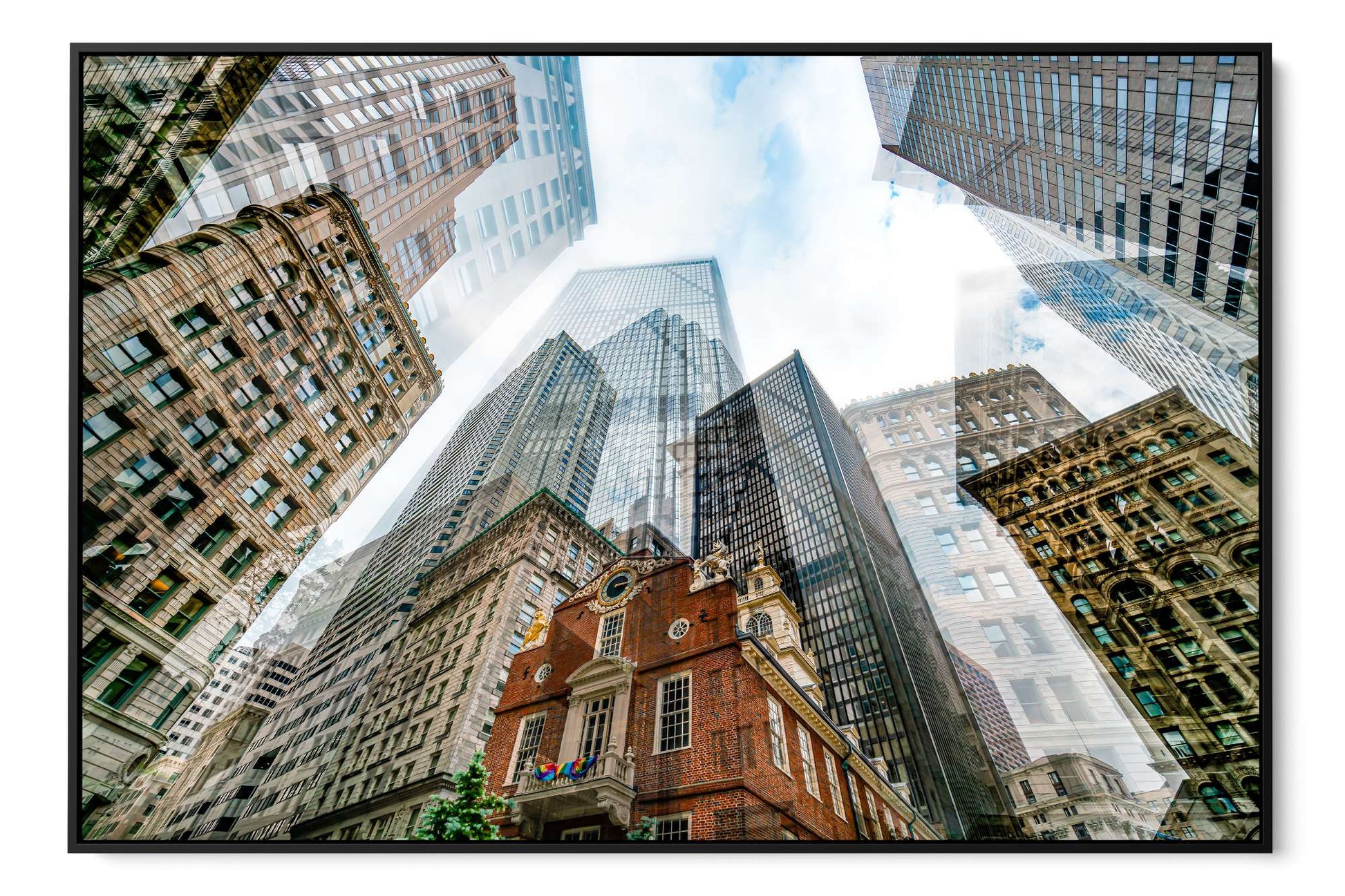 Old State House layered photograph under acrylic glass with black floater frame, 40 by 60 inch artwork