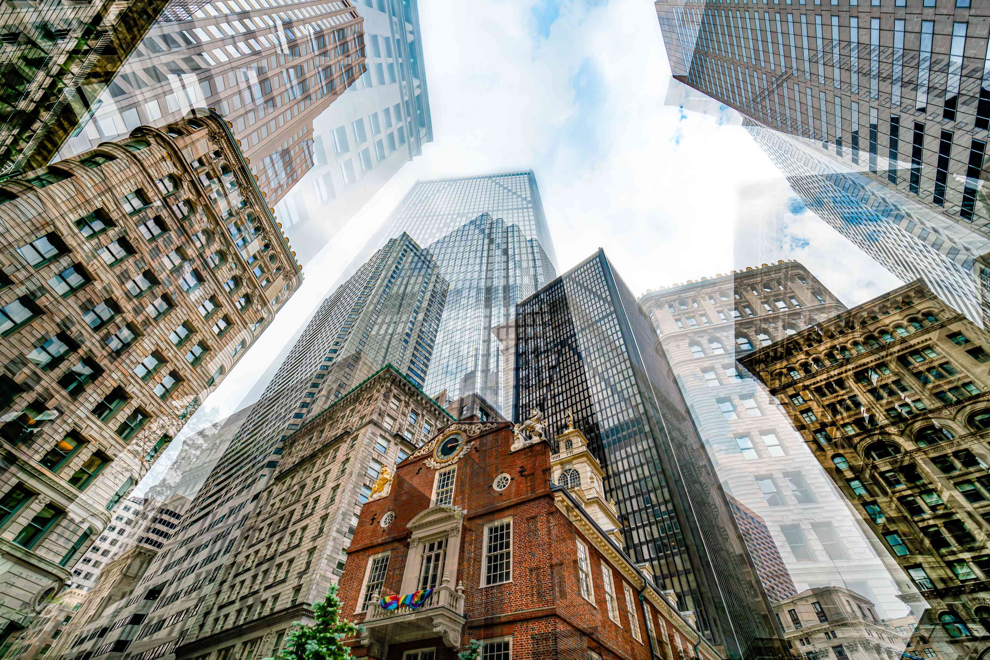 Old State House photography print by Charlotte Fonne, Boston's oldest public building layered with the towers around it, from the Broken Series