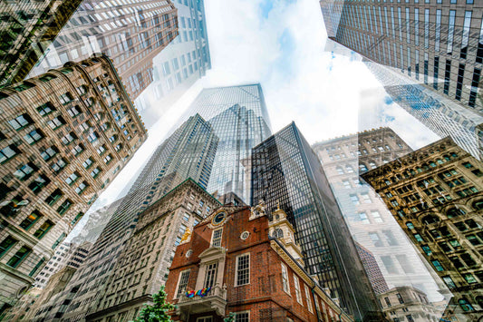 Old State House photography print by Charlotte Fonne, Boston's oldest public building layered with the towers around it, from the Broken Series