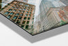 Old State House photograph mounted on Aluminum Dibond under acrylic glass, close detail of the layered buildings with the clock and gold lion at the right
