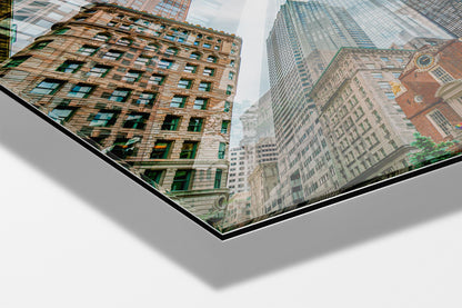 Old State House photograph mounted on Aluminum Dibond under acrylic glass, close detail of the layered buildings with the clock and gold lion at the right