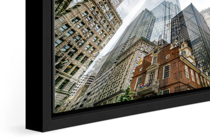 Old State House photograph under acrylic glass with black floater frame, close up detail