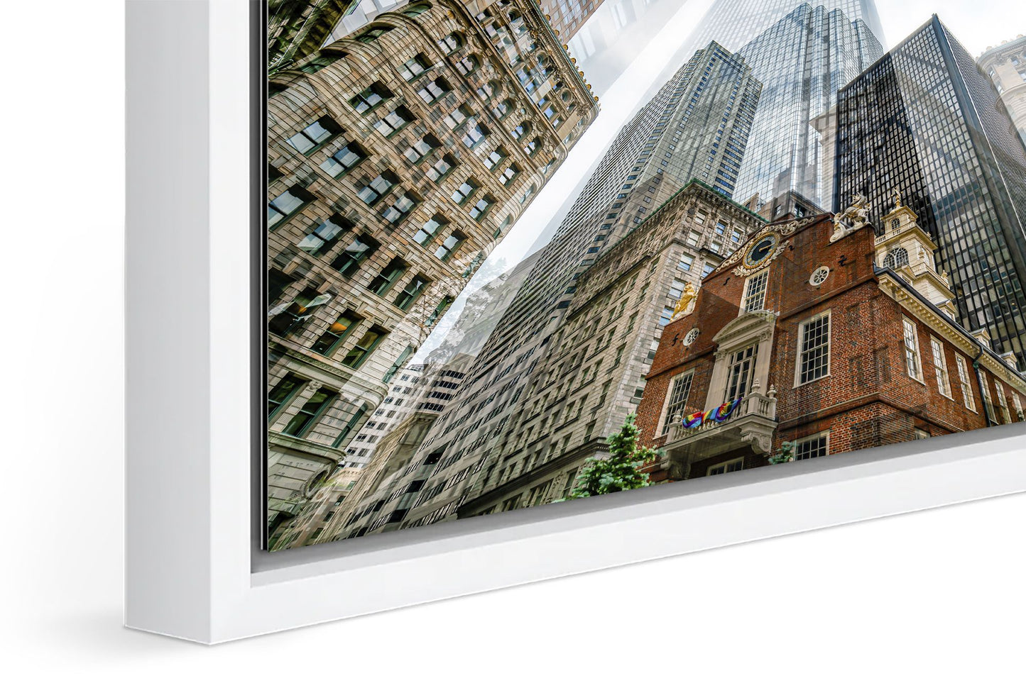 Old State House photograph under acrylic glass with white floater frame, close up detail
