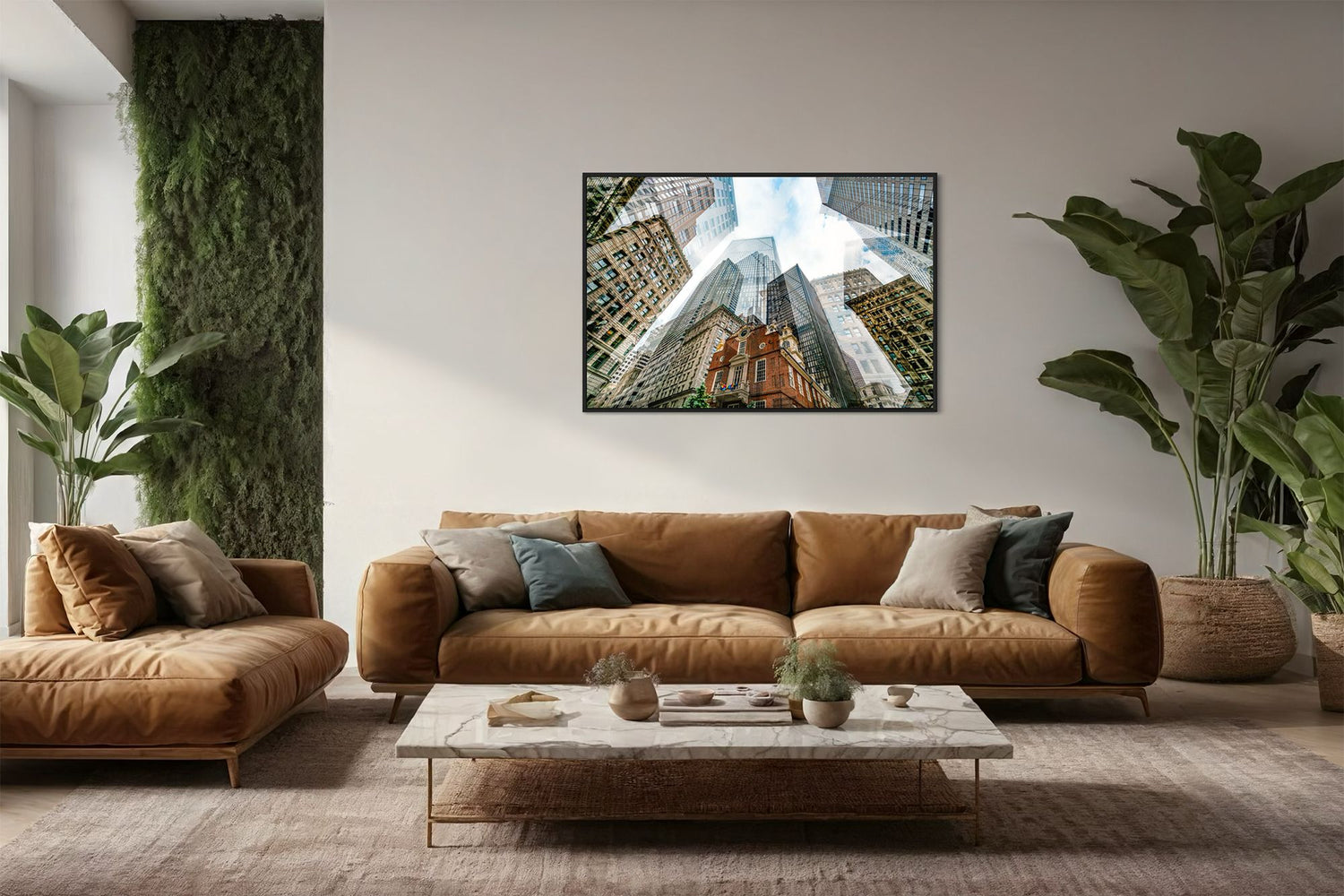 Old State House layered photography print in a black floater frame, displayed above a tan leather sofa in a living room