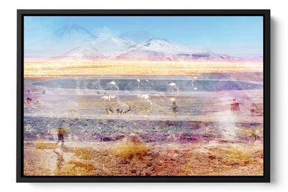 Pink Atacama flamingo photograph under acrylic glass with black floater frame, 16 by 24 inch artwork