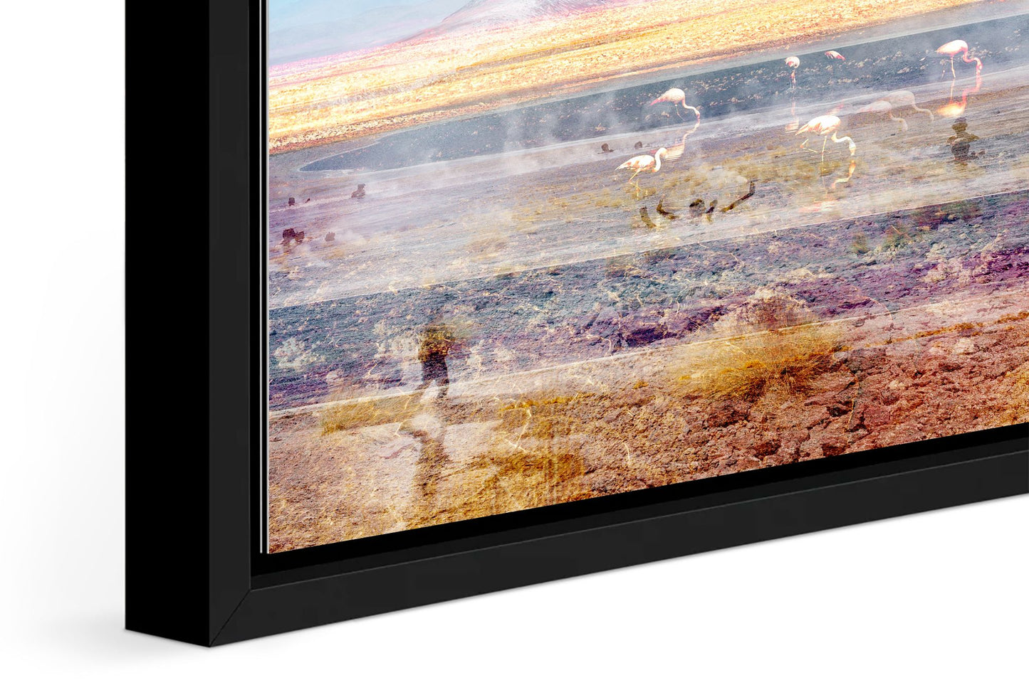 Pink Atacama photograph under acrylic glass with black floater frame, close up detail