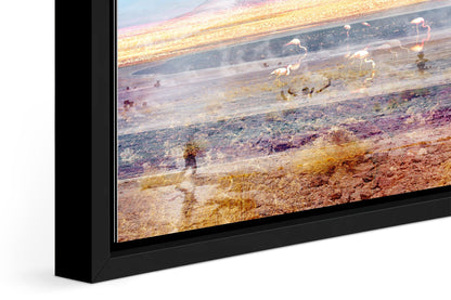 Pink Atacama photograph under acrylic glass with black floater frame, close up detail
