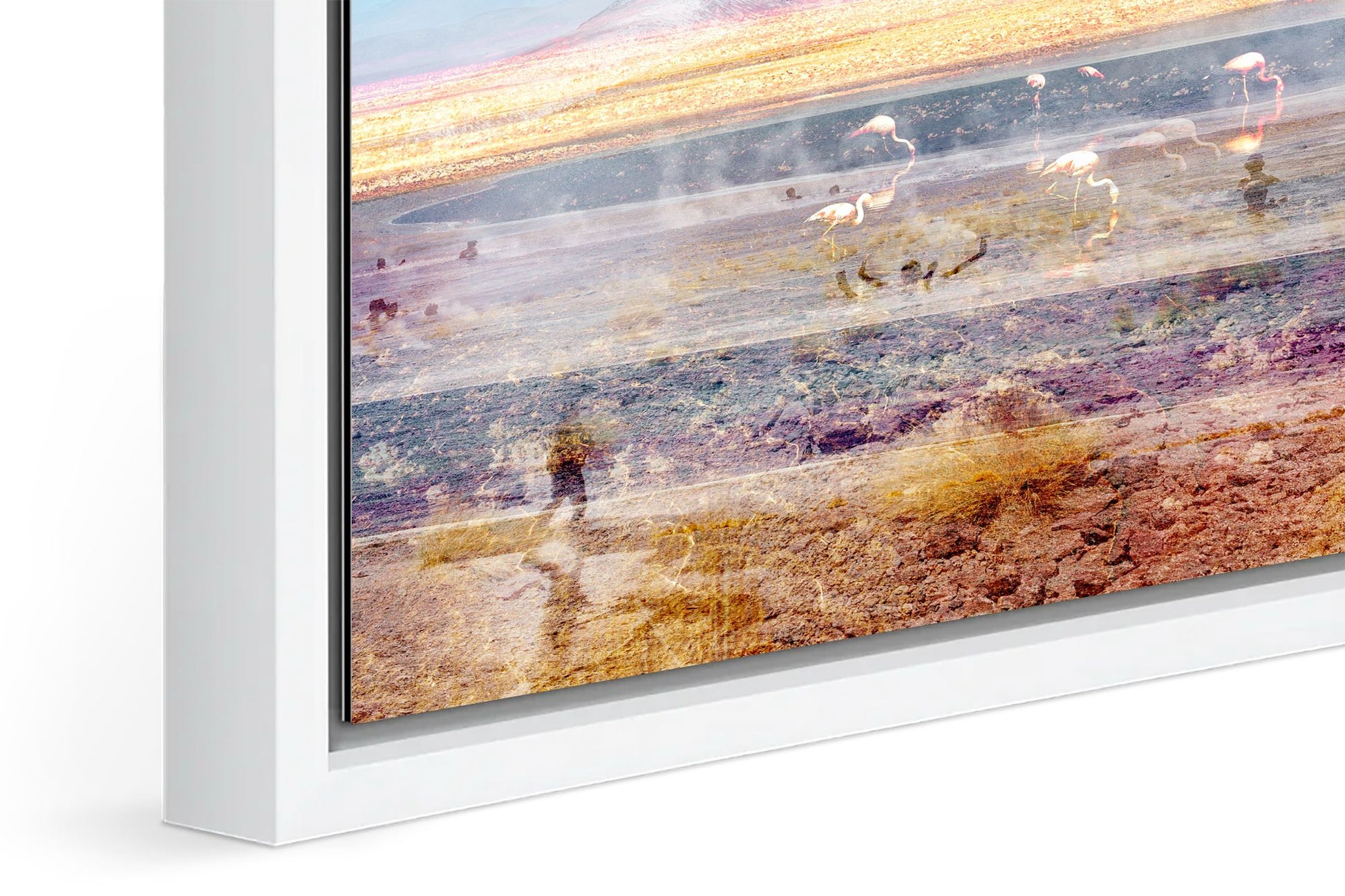 Pink Atacama photograph under acrylic glass with white floater frame, close up detail