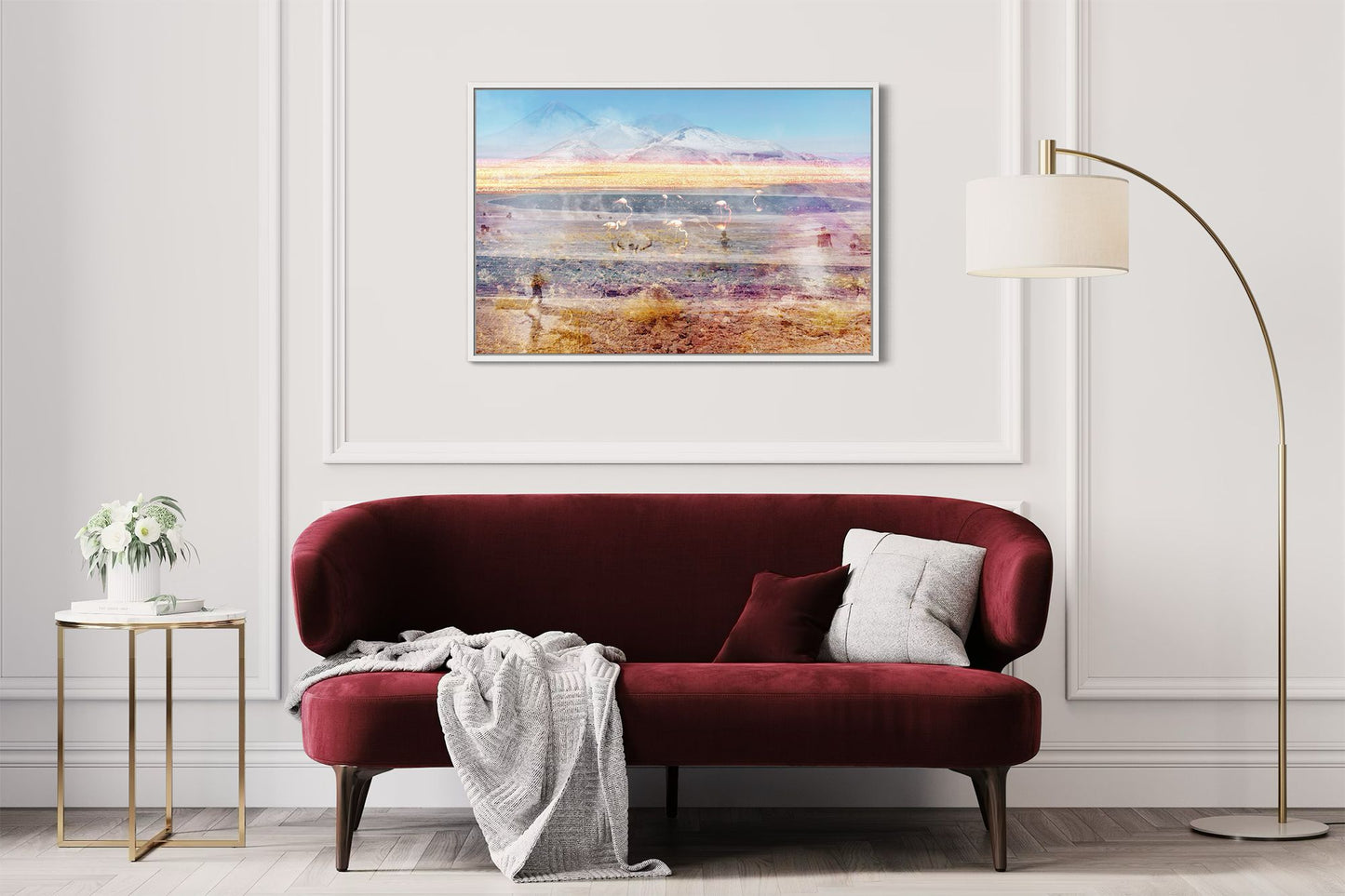 Pink Atacama layered photography print displayed above a sofa in a modern living room interior