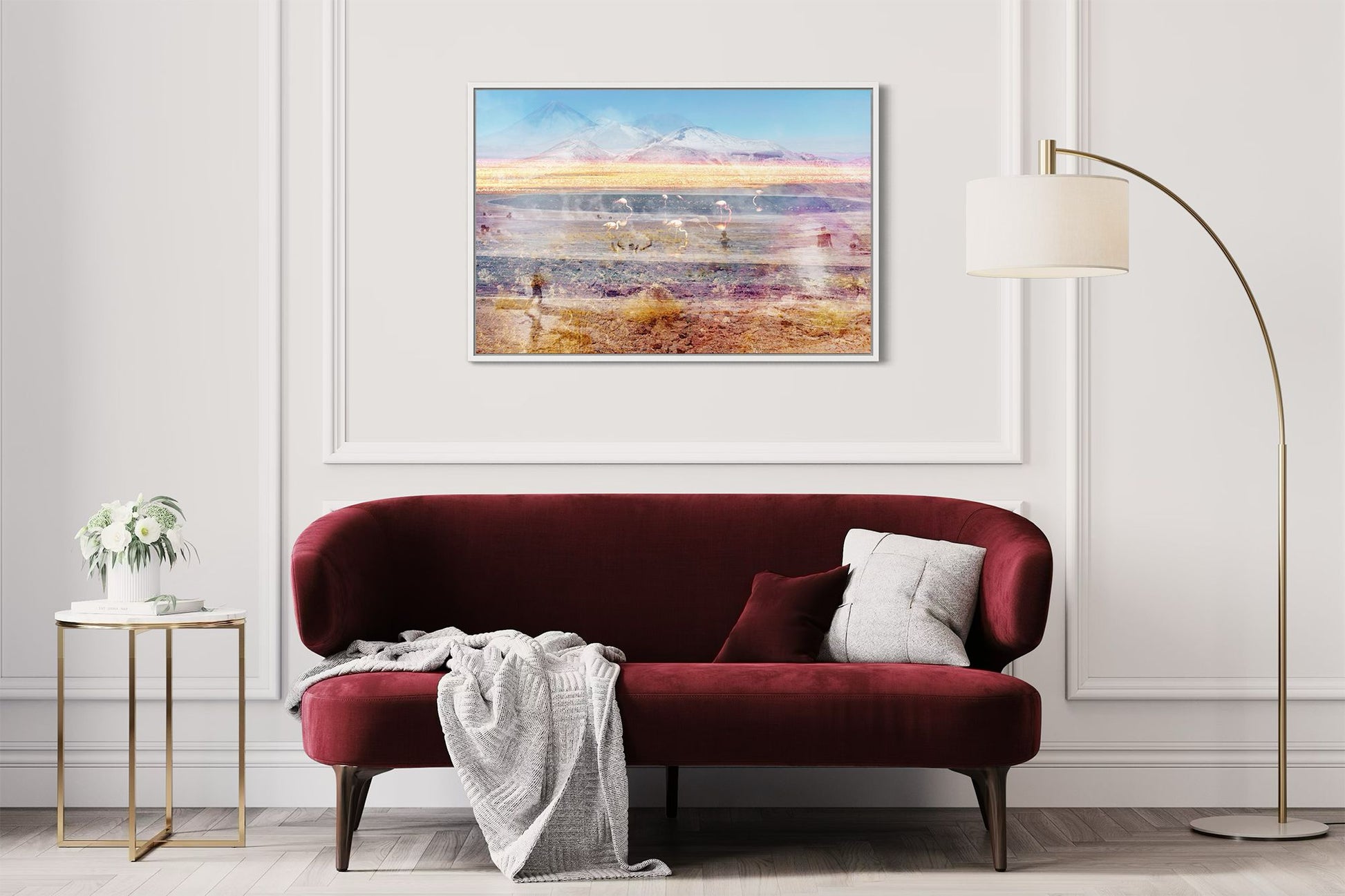 Pink Atacama layered photography print displayed above a sofa in a modern living room interior