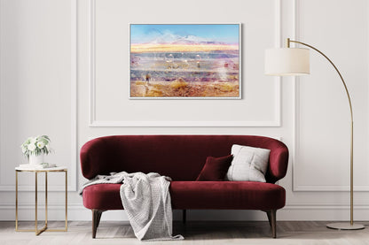 Pink Atacama layered photography print displayed above a sofa in a modern living room interior