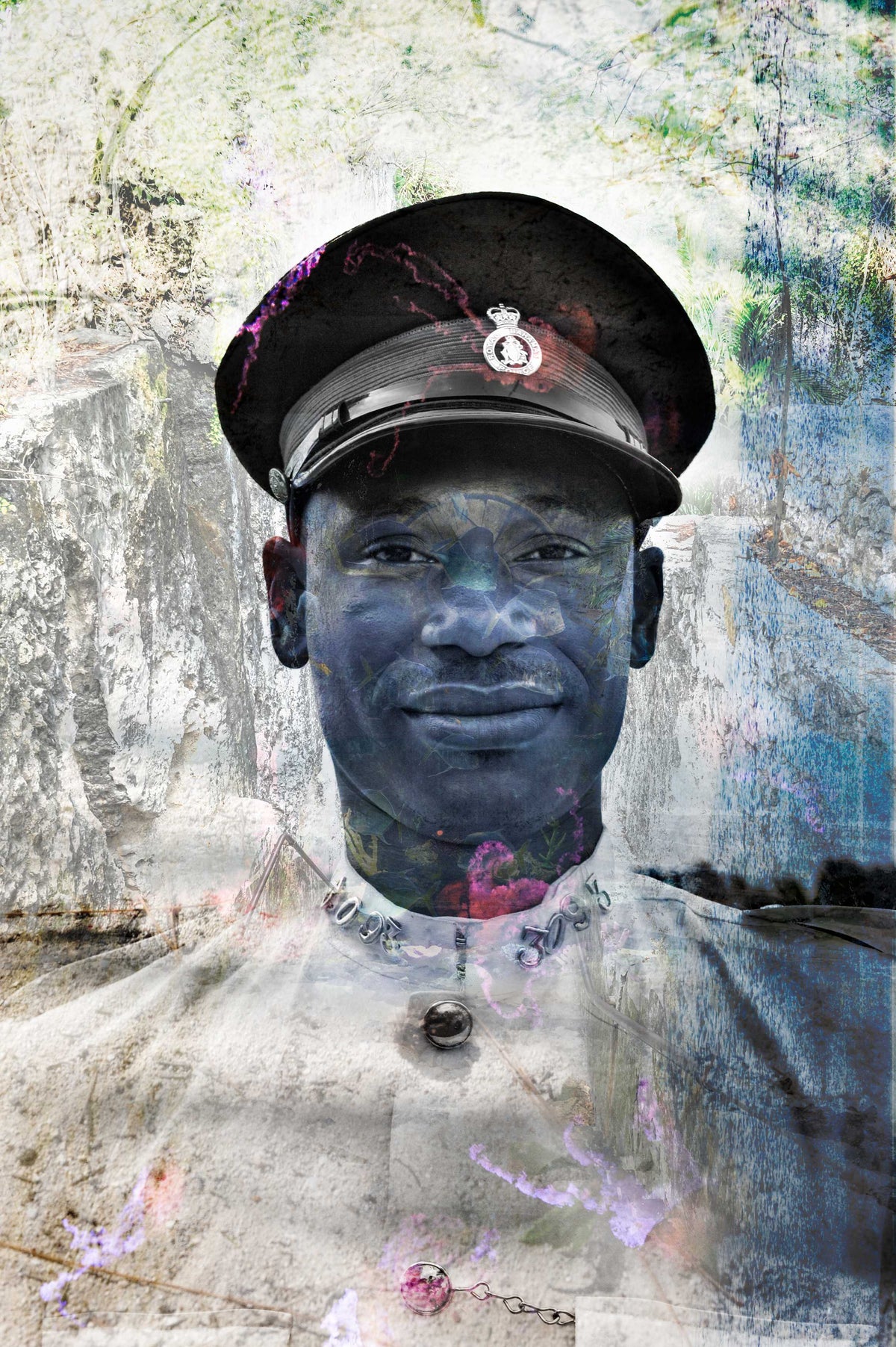 Policeman in Nassau portrait photography print by Charlotte Fonne, a Bahamas police officer layered with the island, from the Reflection Series