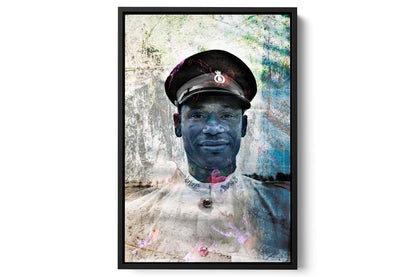 Policeman in Nassau Bahamas police portrait photograph under acrylic glass with black floater frame, 16 by 24 inch artwork