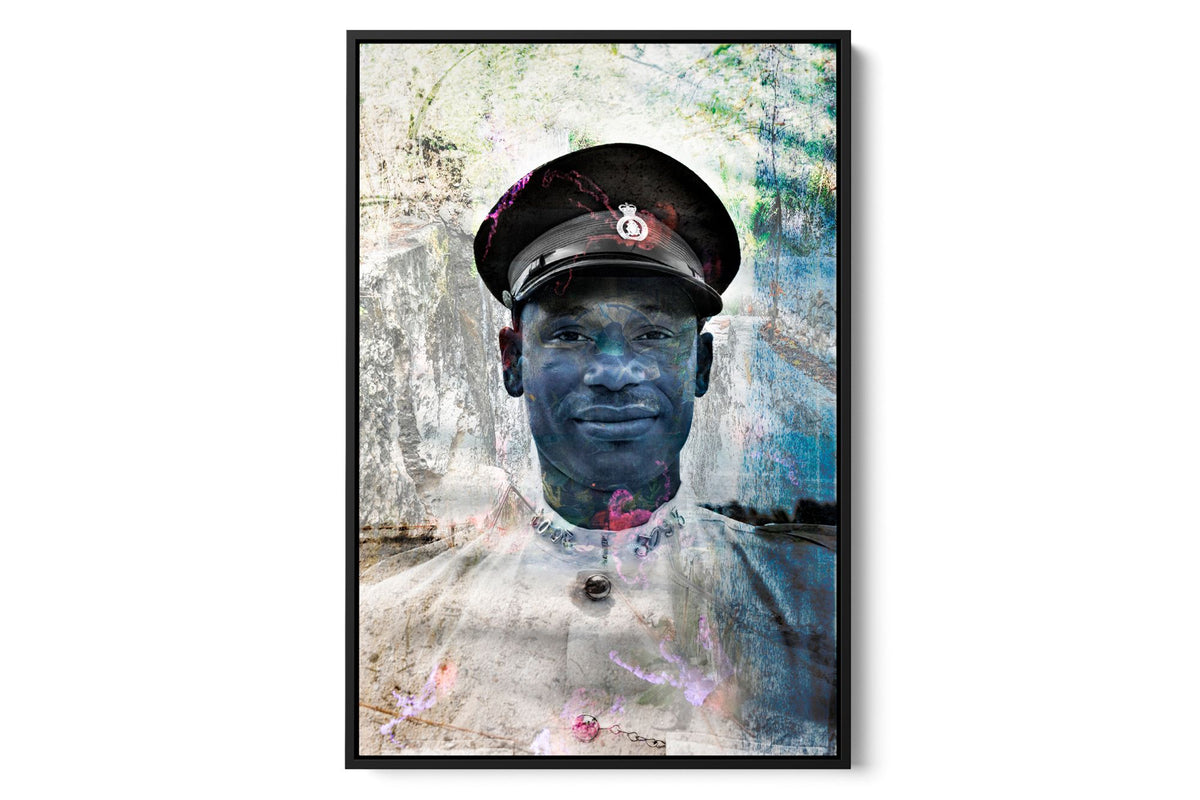 Policeman in Nassau layered portrait photograph under acrylic glass with black floater frame, 24 by 36 inch artwork
