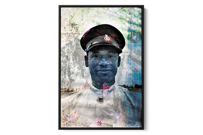 Policeman in Nassau layered portrait photograph under acrylic glass with black floater frame, 24 by 36 inch artwork