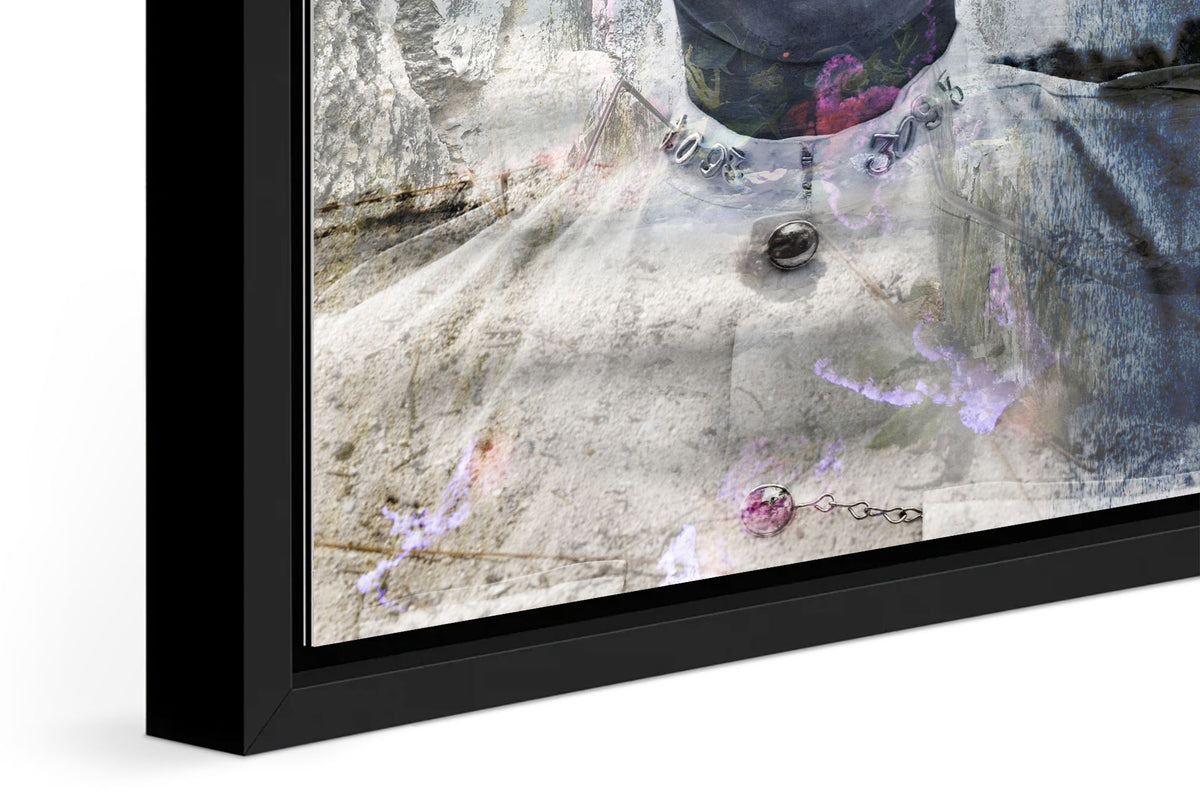 Policeman in Nassau photograph under acrylic glass with black floater frame, close up detail