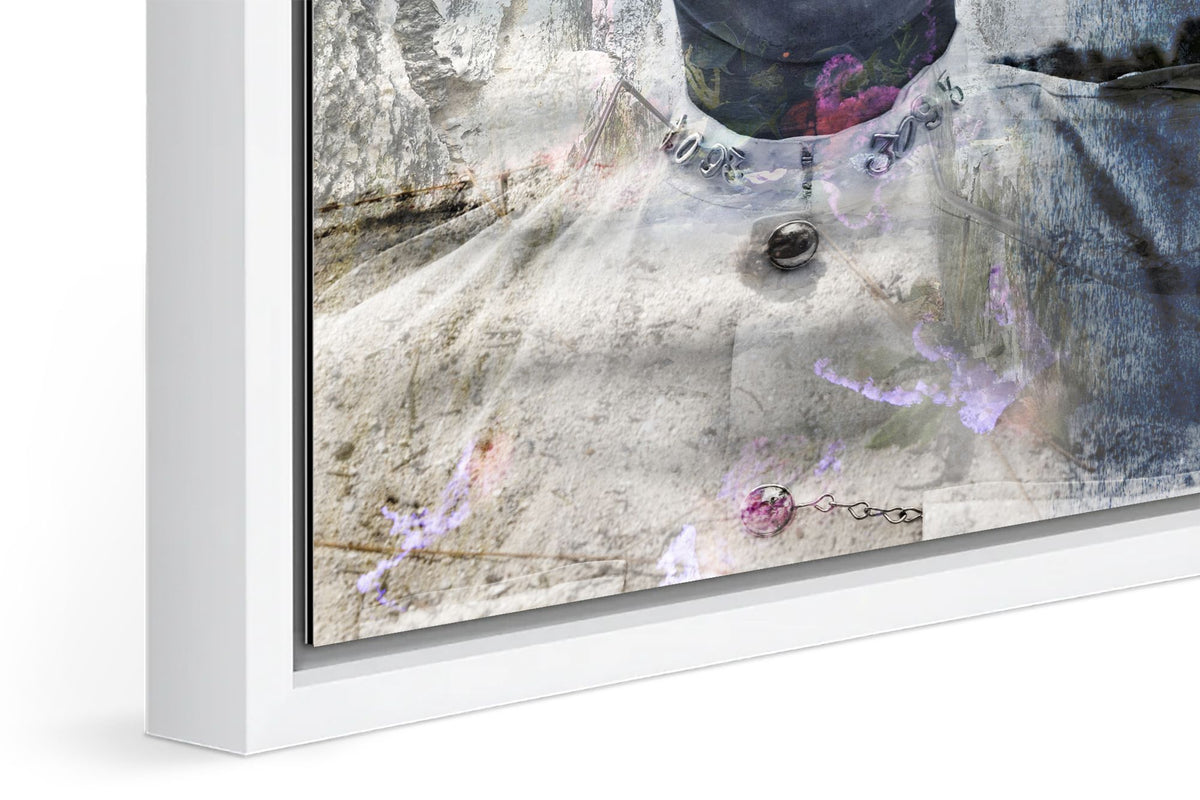 Policeman in Nassau photograph under acrylic glass with white floater frame, close up detail