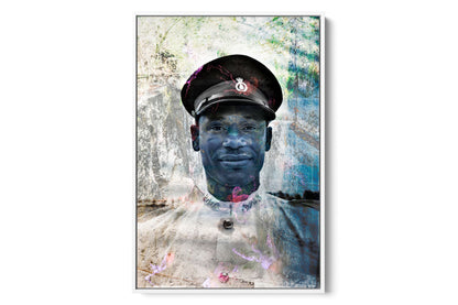 Policeman in Nassau layered portrait photograph under acrylic glass with white floater frame, 24 by 36 inch artwork