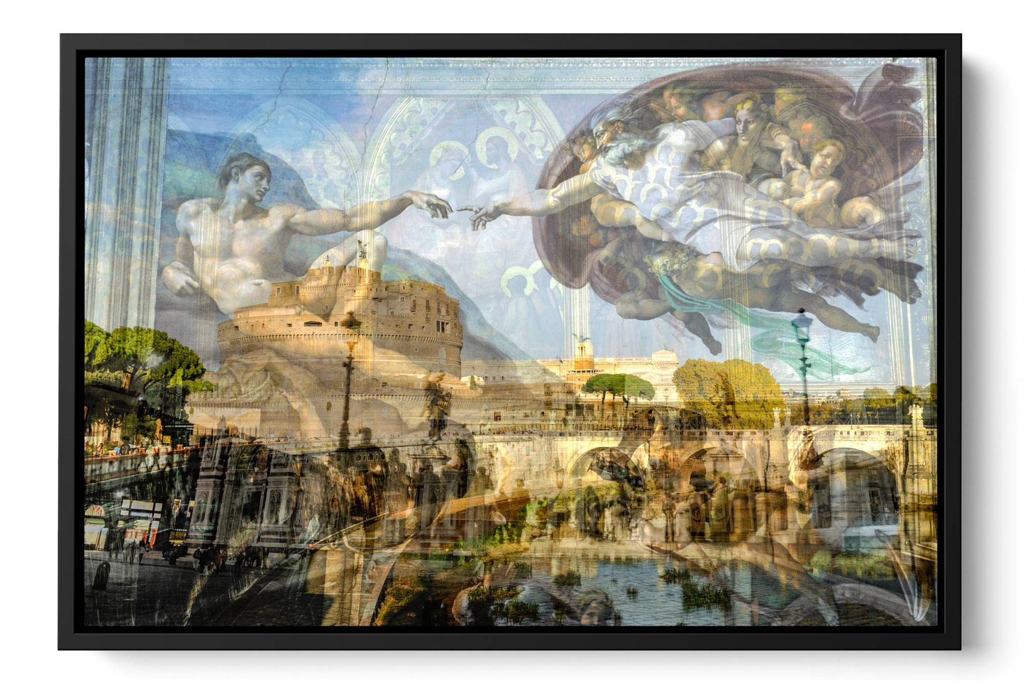 Renaissance Creation of Adam photograph under acrylic glass with black floater frame, 16 by 24 inch artwork