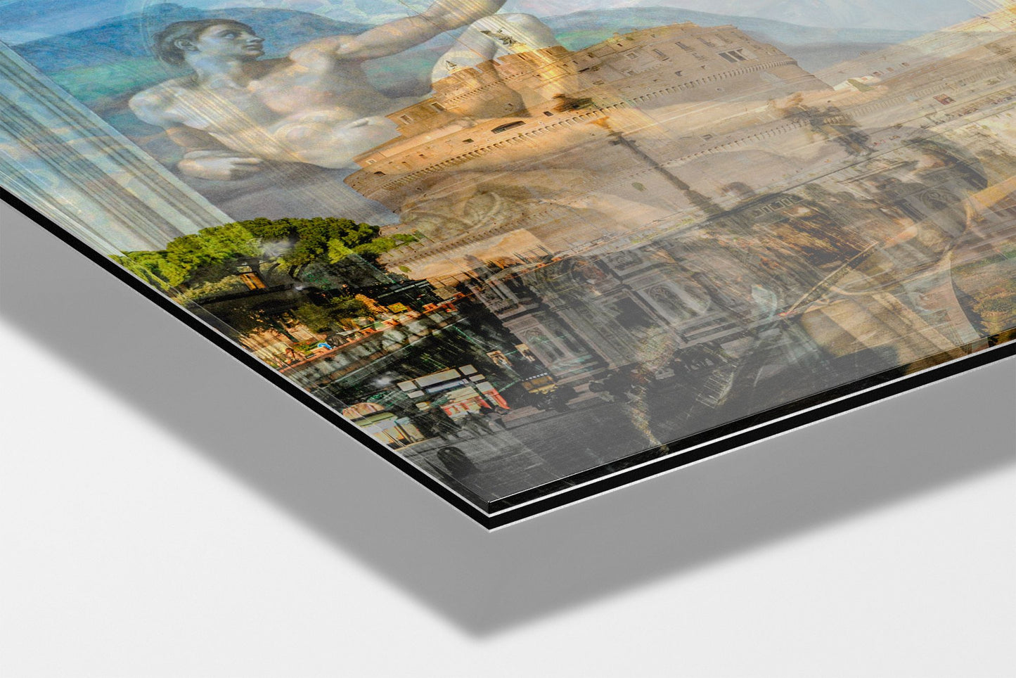 Renaissance photograph mounted on Aluminum Dibond under acrylic glass, close detail of the layered Creation of Adam and gold altarpiece