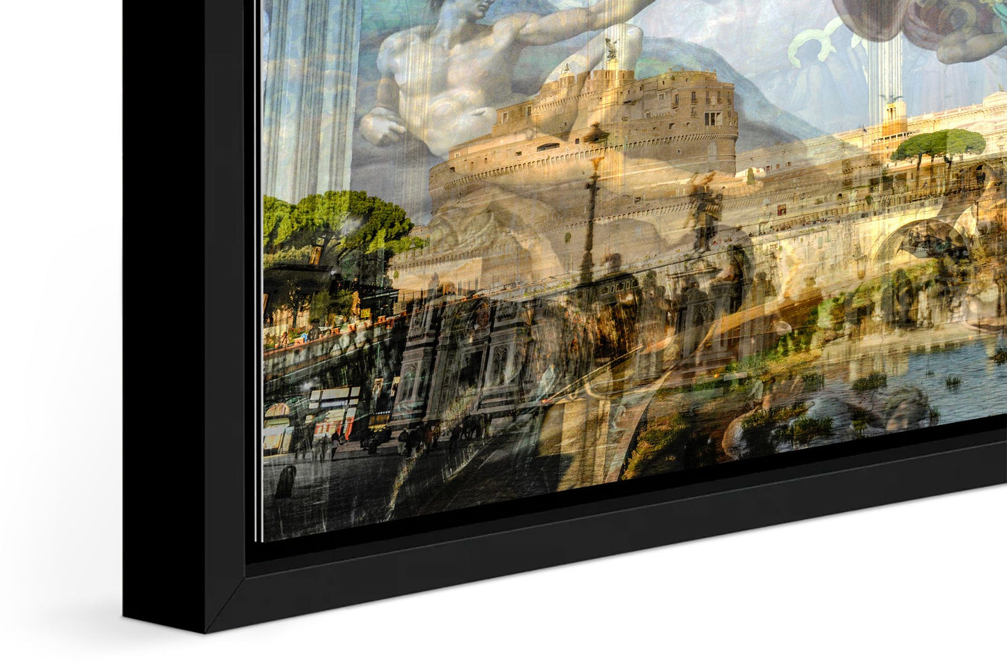 Renaissance photograph under acrylic glass with black floater frame, close up detail