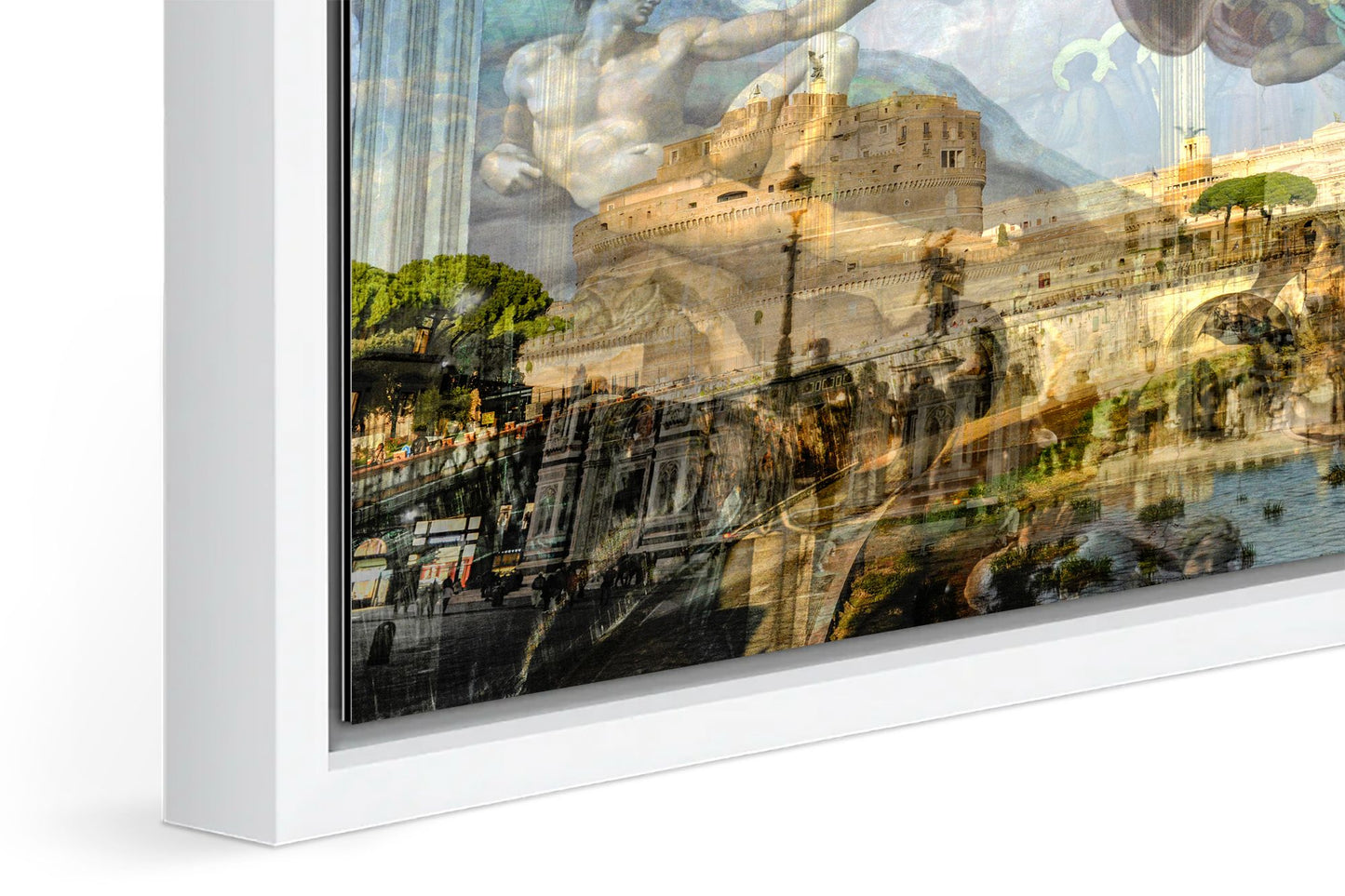 Renaissance photograph under acrylic glass with white floater frame, close up detail