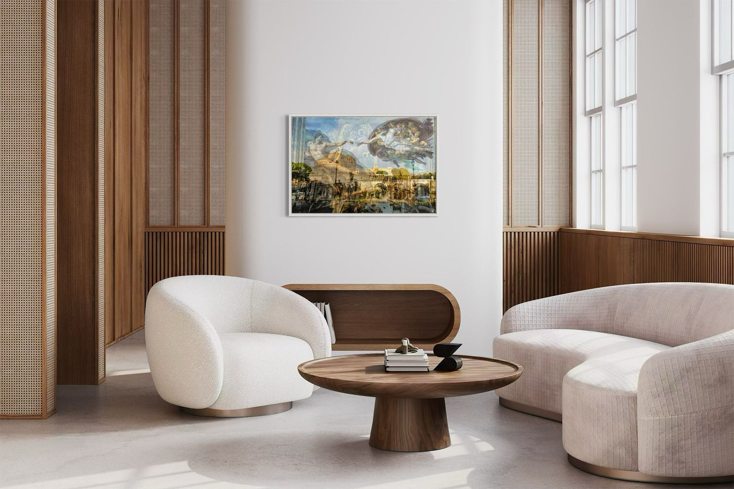 Renaissance layered photography print in a white floater frame, displayed in a living room with wood paneling and curved seating