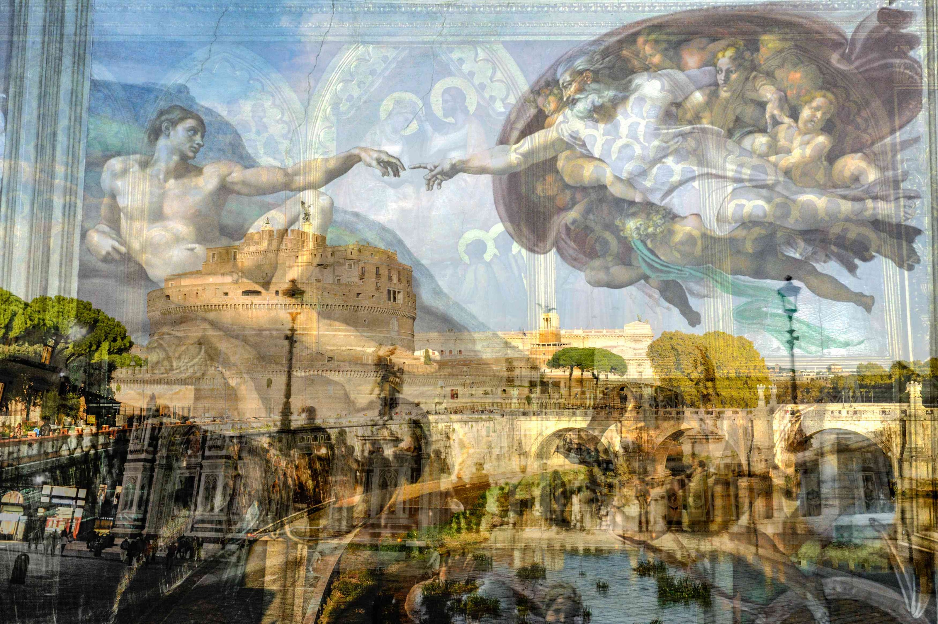 Renaissance photography print by Charlotte Fonne, Michelangelo's Creation of Adam layered over Rome, from the Breathe Series