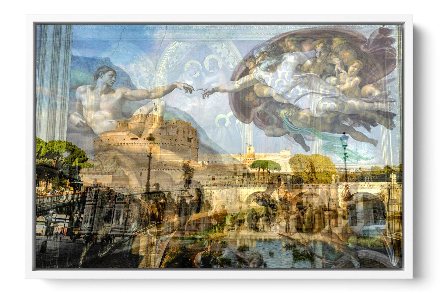 Renaissance Creation of Adam photograph under acrylic glass with white floater frame, 16 by 24 inch artwork