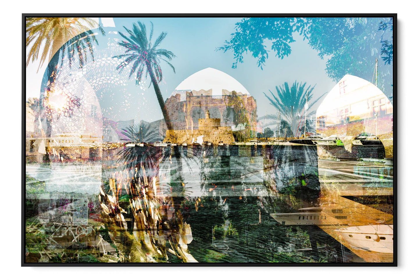 Rhodes, Island of Sun layered photograph under acrylic glass with black floater frame, 40 by 60 inch artwork