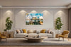 Rhodes, Island of Sun layered photography print in a white floater frame, displayed above a cream sofa in a paneled living room