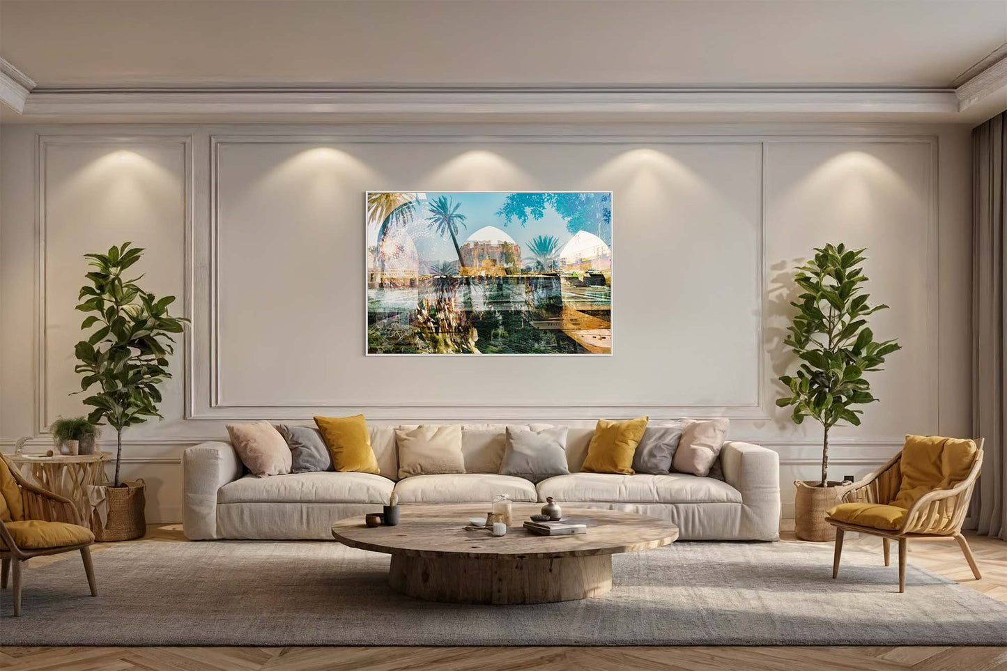 Rhodes, Island of Sun layered photography print in a white floater frame, displayed above a cream sofa in a paneled living room