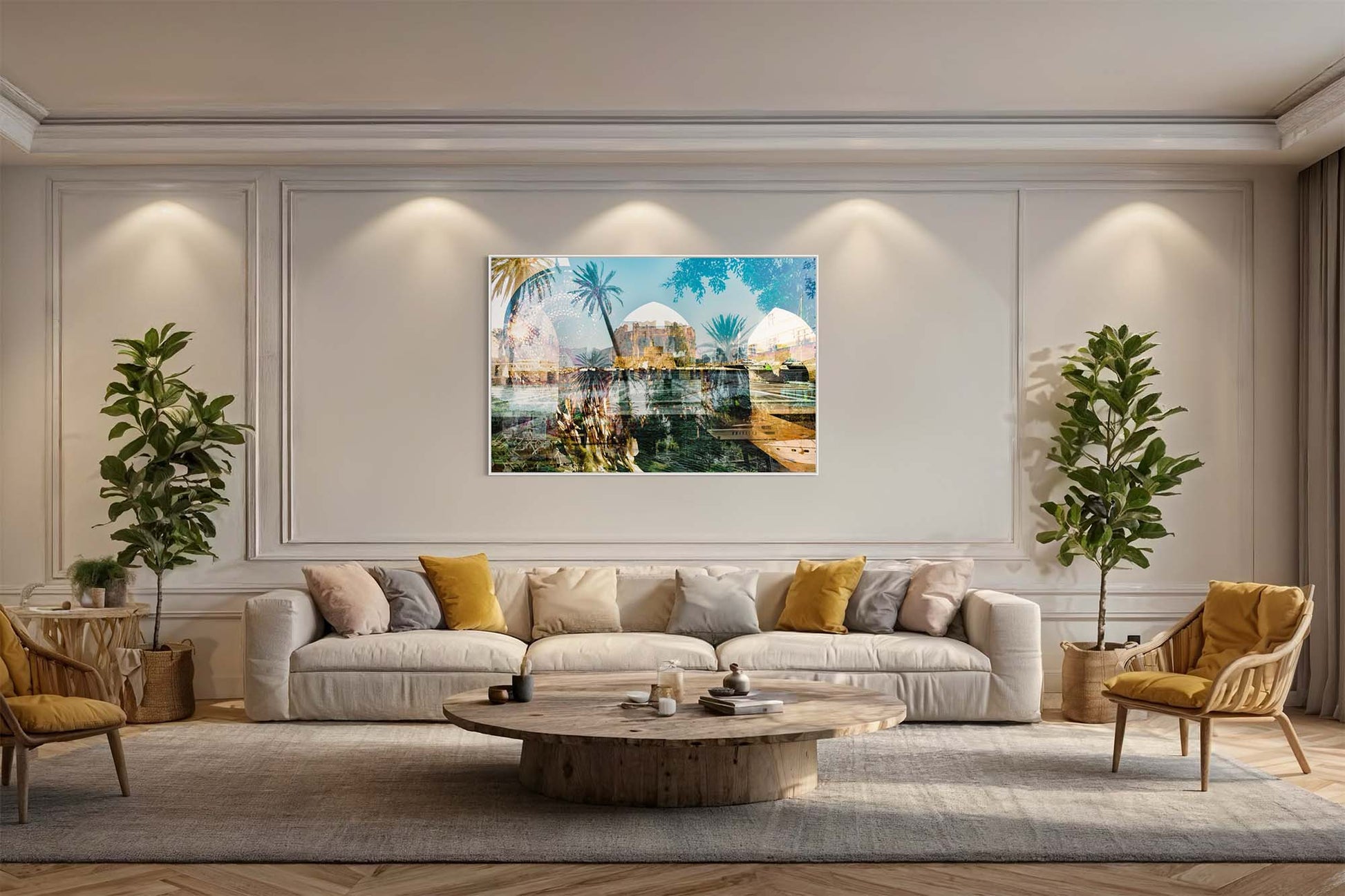 Rhodes, Island of Sun layered photography print in a white floater frame, displayed above a cream sofa in a paneled living room