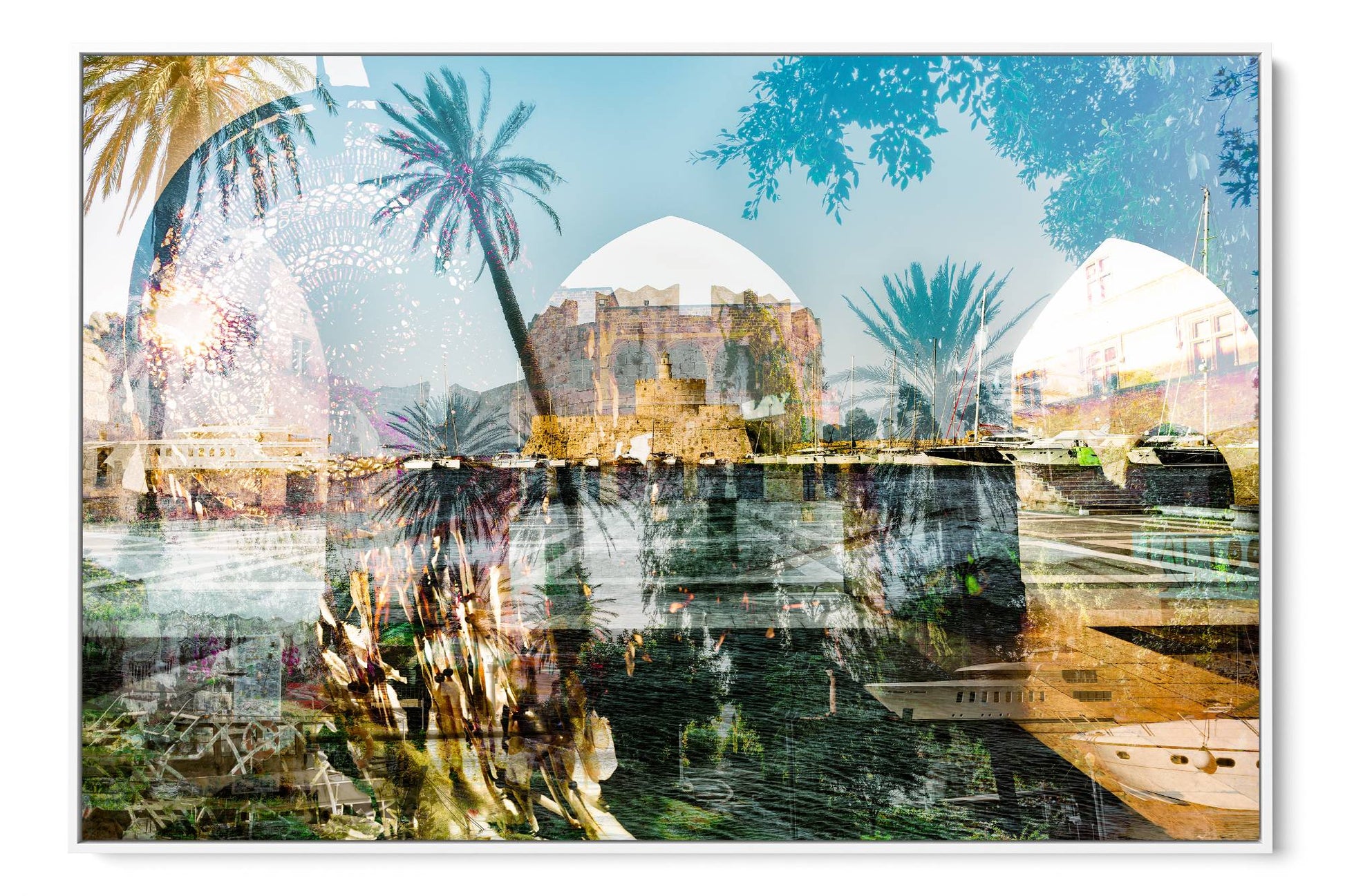 Rhodes, Island of Sun layered photograph under acrylic glass with white floater frame, 40 by 60 inch artwork