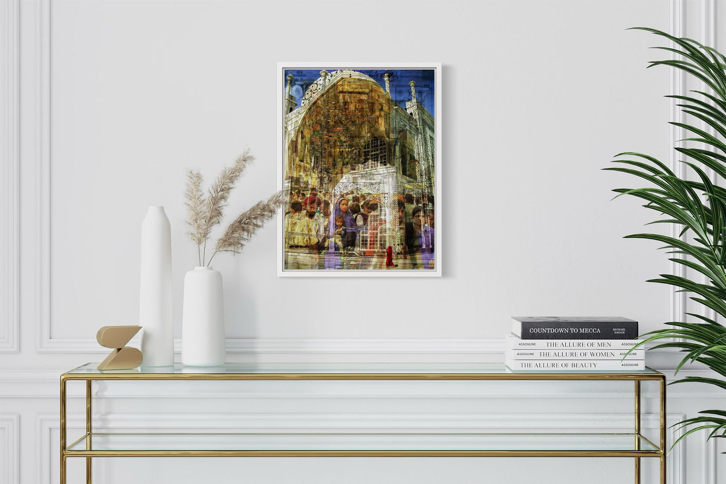 Rhythm of India layered photography print displayed above a console table in a modern entryway