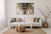 Scrovegni Chapel layered photography print in a white floater frame, displayed above a sofa in a modern living room