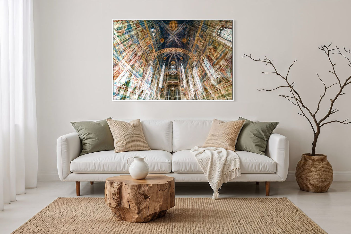 Scrovegni Chapel layered photography print in a white floater frame, displayed above a sofa in a modern living room