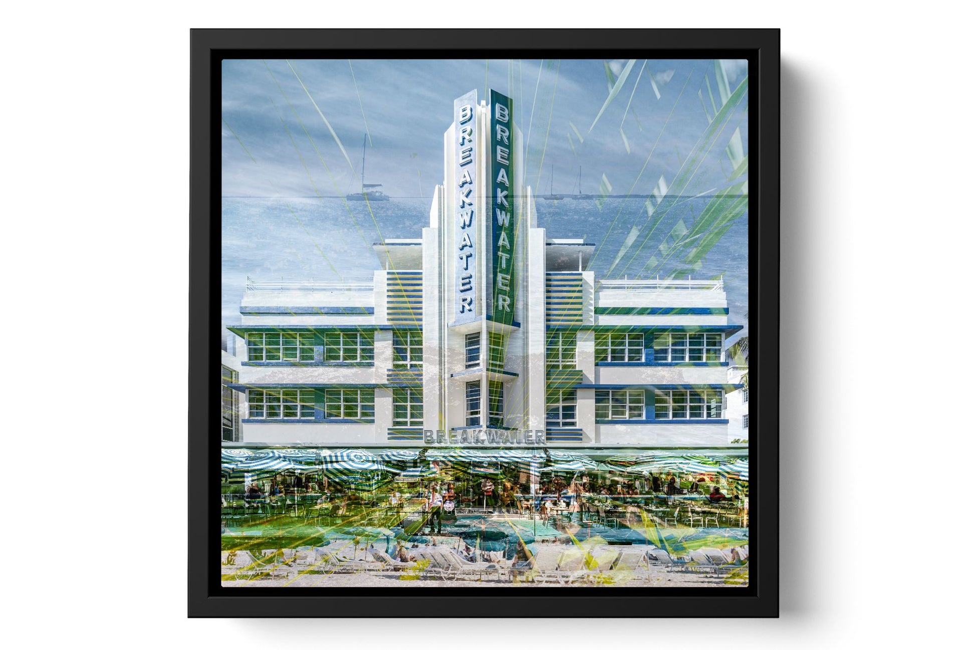 The Breakwater Ocean Drive photograph under acrylic glass with black floater frame, 15 inch artwork