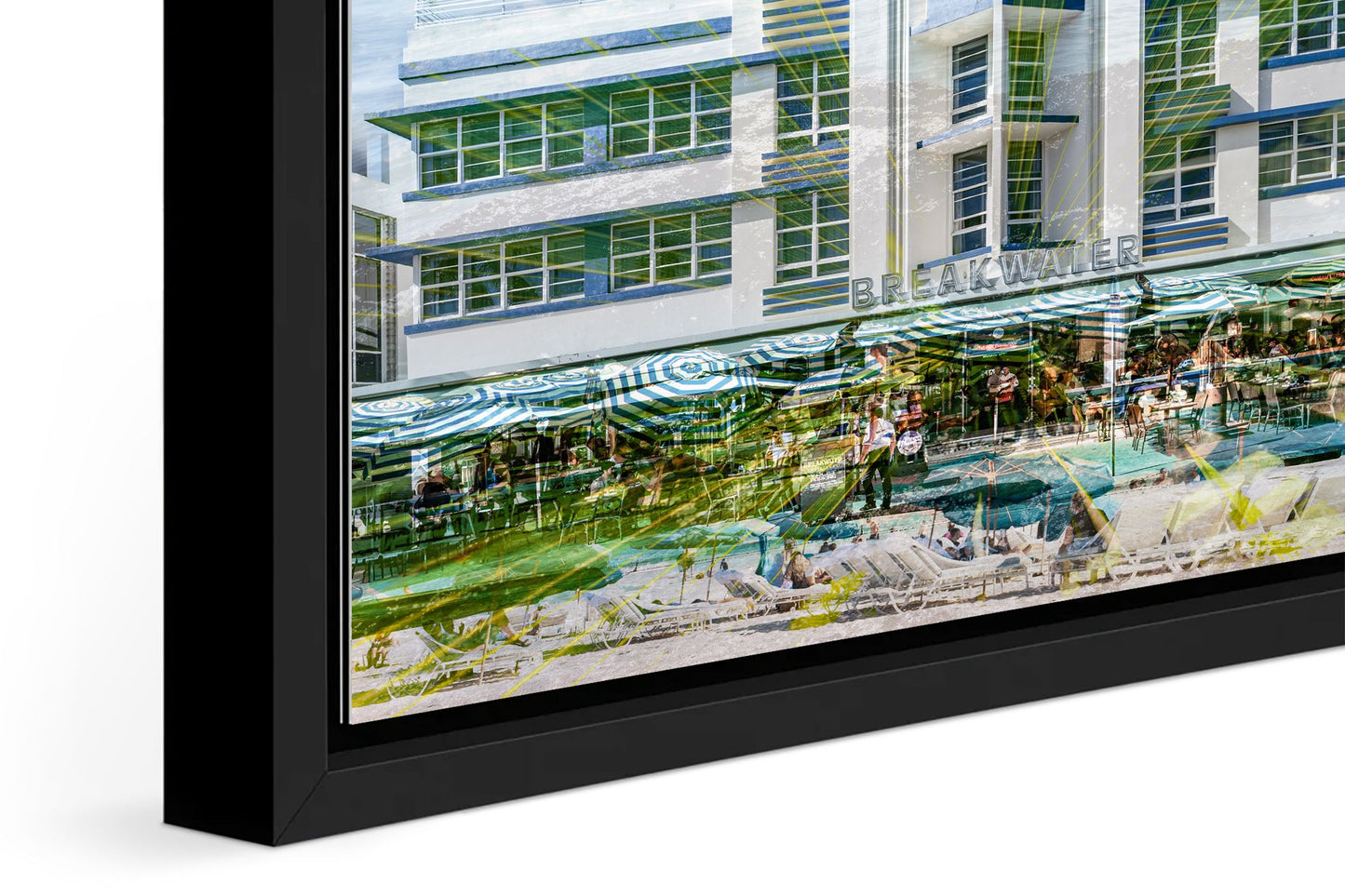 The Breakwater photograph under acrylic glass with black floater frame, close up detail