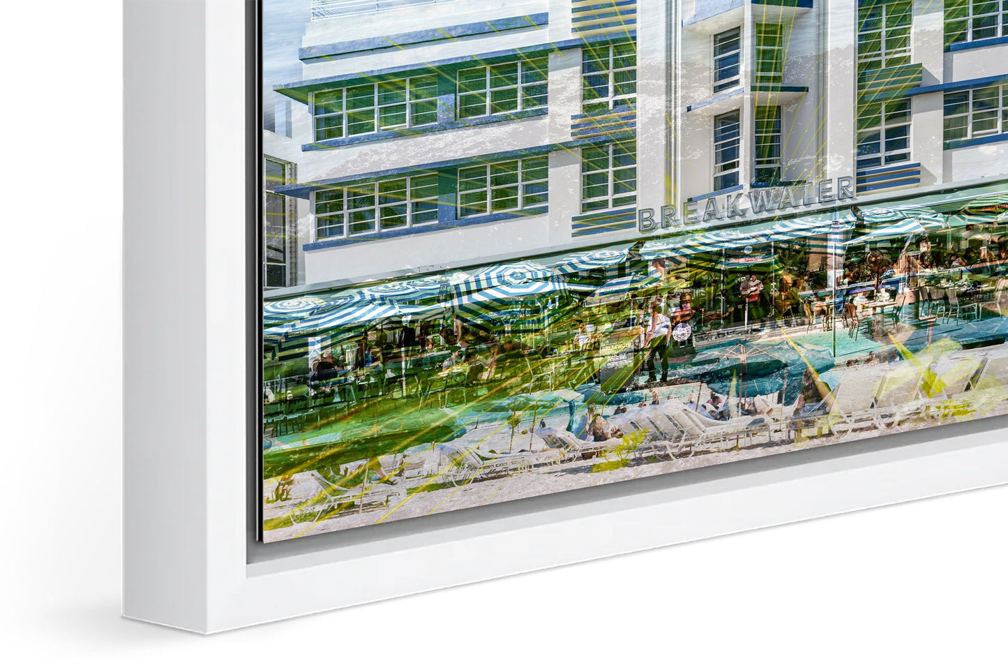 The Breakwater photograph under acrylic glass with white floater frame, close up detail